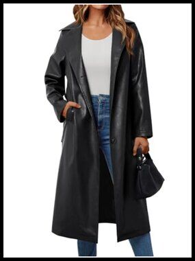 Faux Leather Trench Coat Knee Length Belted Long Sleeve Women